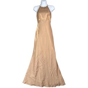 Niki by Niki Livas Gold Beaded Halter Neck Lace Up Back Evening Gown Dress Fit S